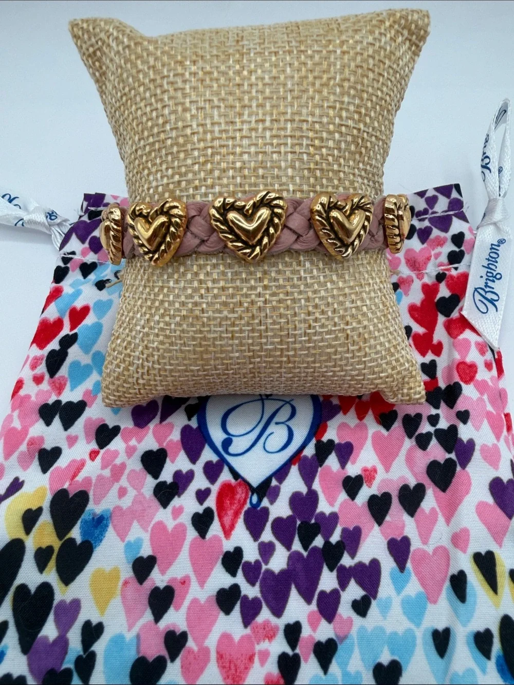 Brighton Bandit Blush Pink Braided Bracelet with Gold Heart Charms